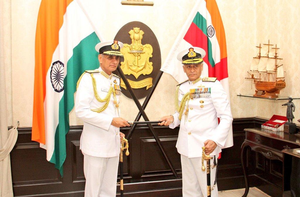 Admiral Karambir Singh with former Navy chief Sunil Lanba