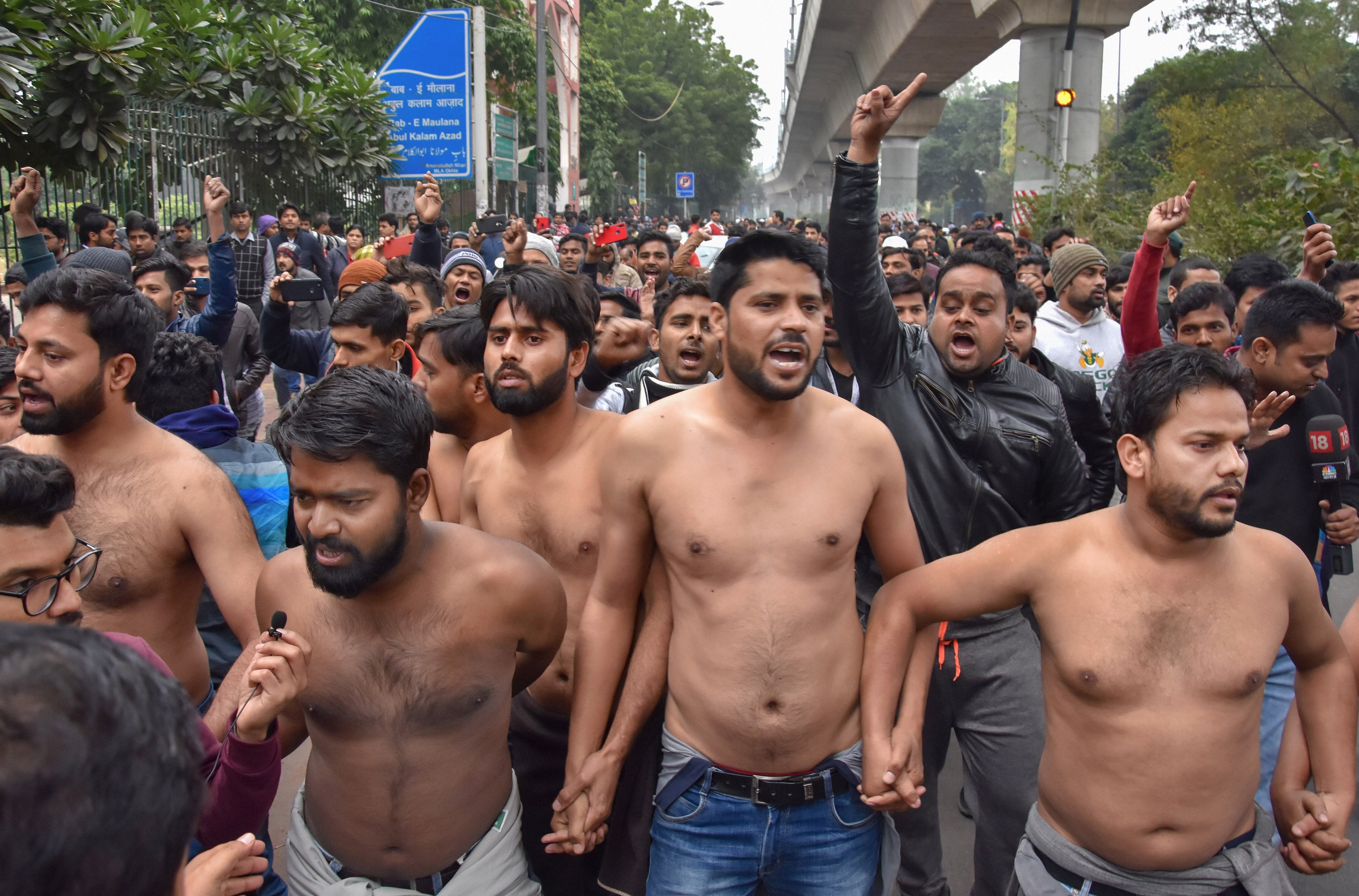 Jamia students protest shirtless in Delhis chilling cold