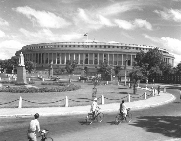 Old photo of Parliament building in New Delhi, India, British