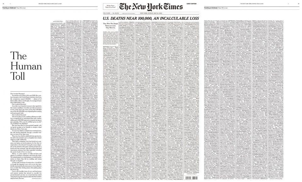 NY Times front page lists virus victims to mark one lakh pandemic deaths