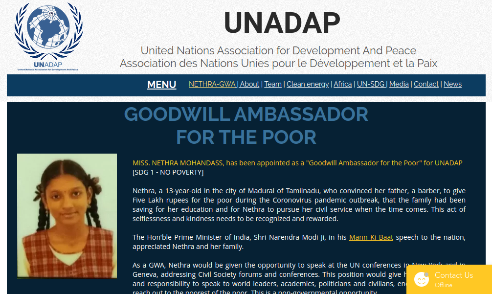 13-year-old TN girl appointed Goodwill Ambassador for the Poor for UNADAP