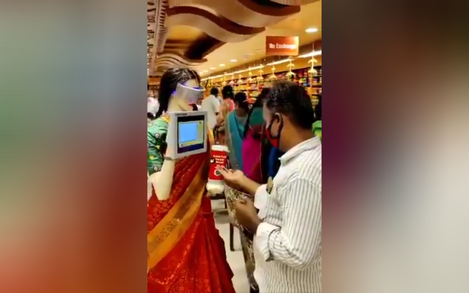 Hygiene through innovation: Saree-clad robot offers hand sanitiser to customers