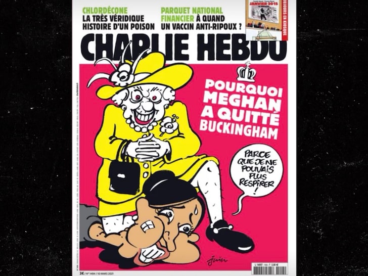 Charlie Hebdo cover depicts Queen Elizabeth kneeling on Meghan Markle’s neck