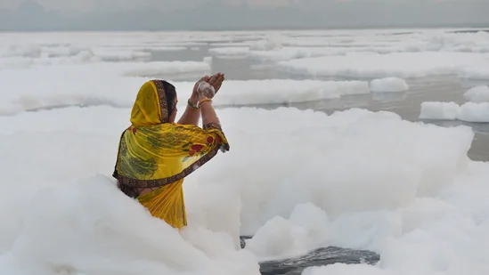 Delhi govt sets up barricades and water sprays to clean Yamuna of toxic foam