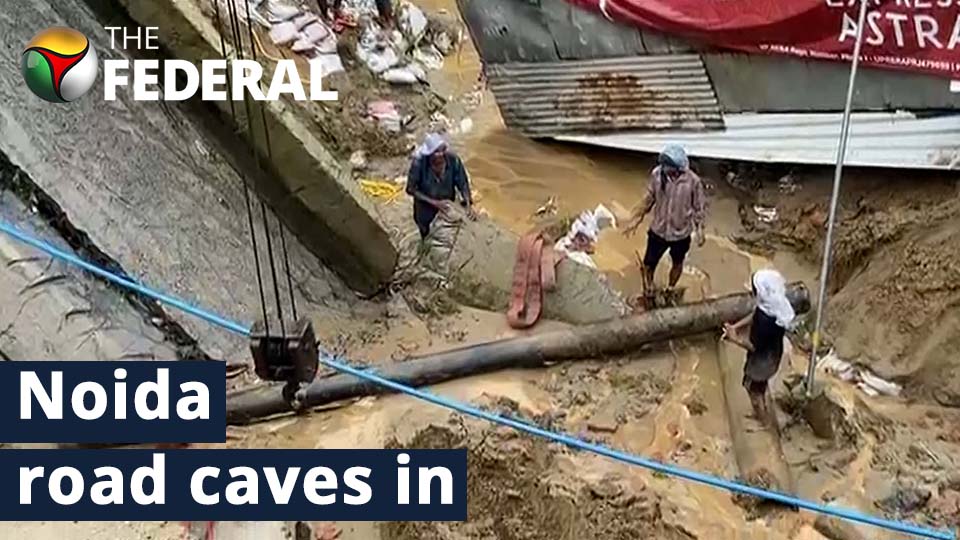 Noida road caves in, rains unrelenting