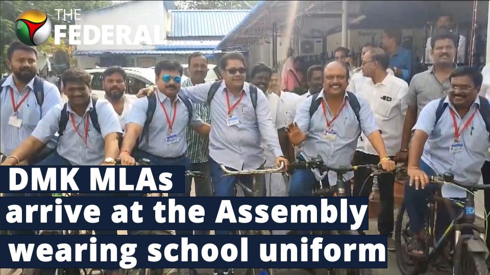 DMK MLAs arrive at Puducherry Assembly wearing school uniform