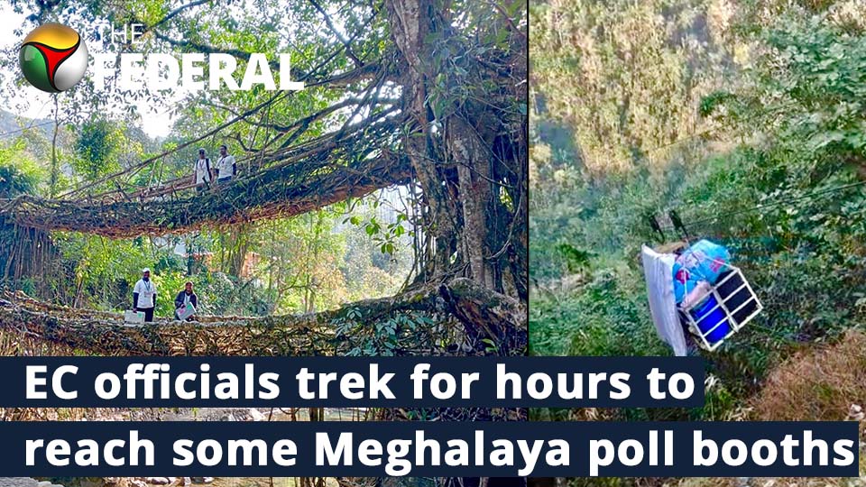 Election officials cross river, trek for hours to reach polling stations in Meghalaya