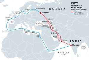 INSTC, International North–South Transport Corridor, political map. Network for moving freight, with Moscow as north end and Mumbai as south end, replacing the standard route across Mediterranean Sea.