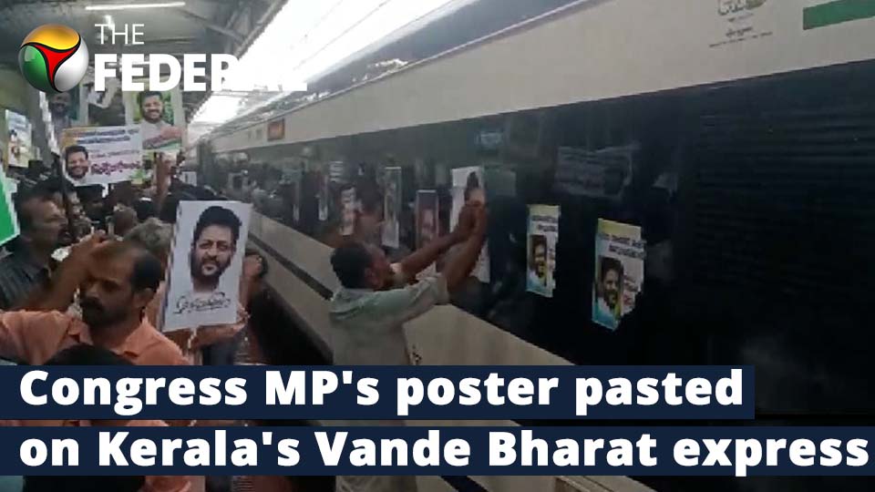 Congress workers paste posters of Palakkad MP on windows of Vande Bharat express