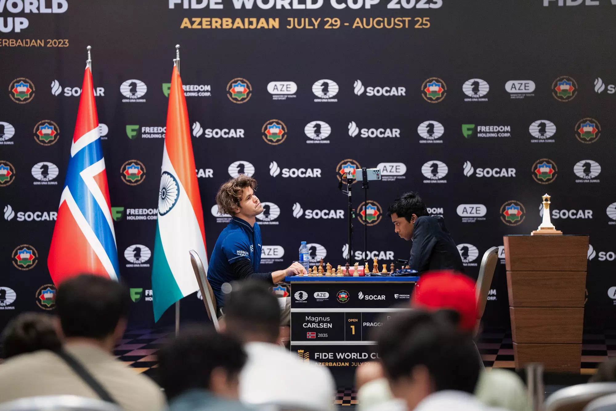 R Praggnanandhaa vs Magnus Carlsen in Game 2 of the FIDE World Cup fina