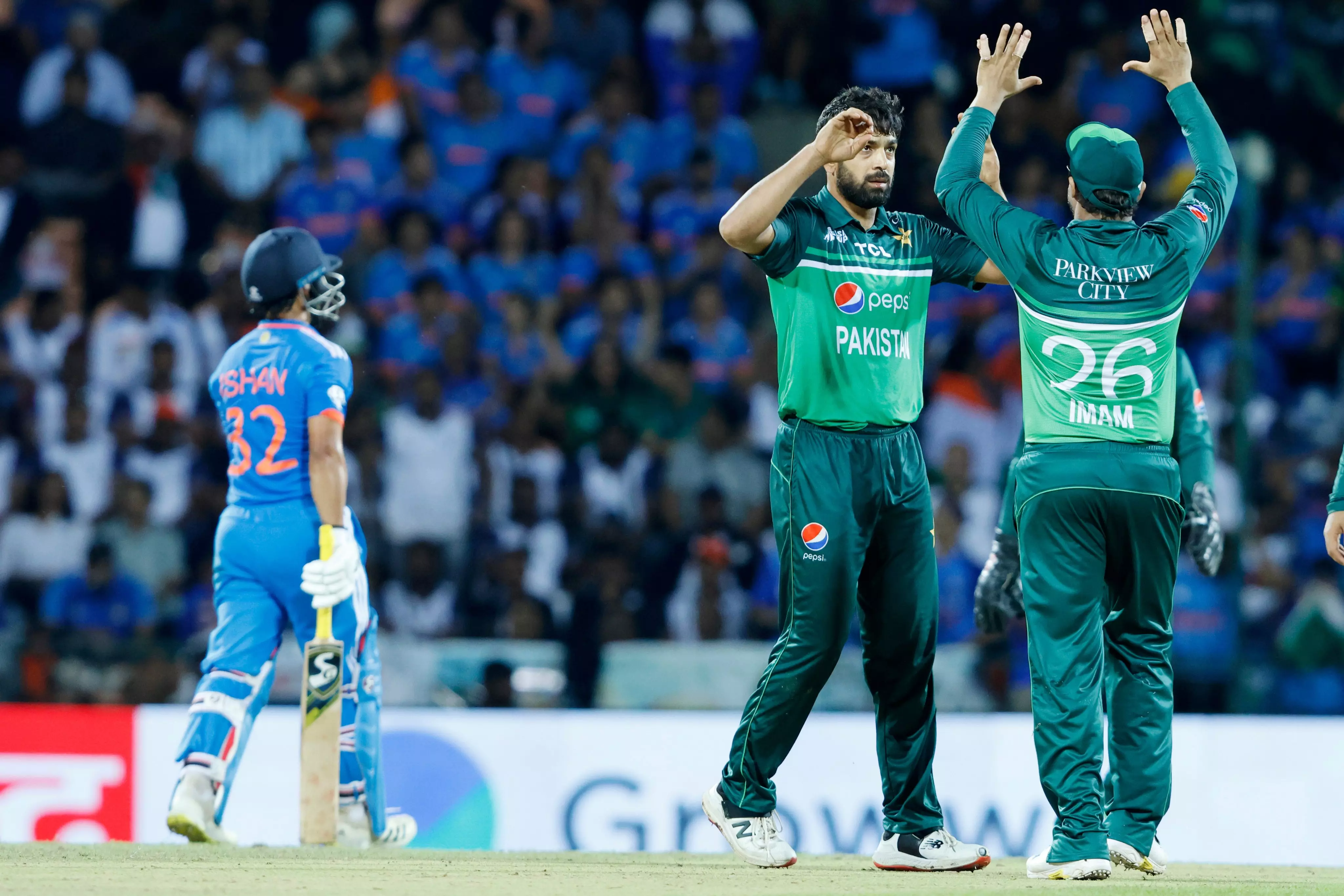 3 wickets for Haris Rauf (centre). Photo:X/PCB