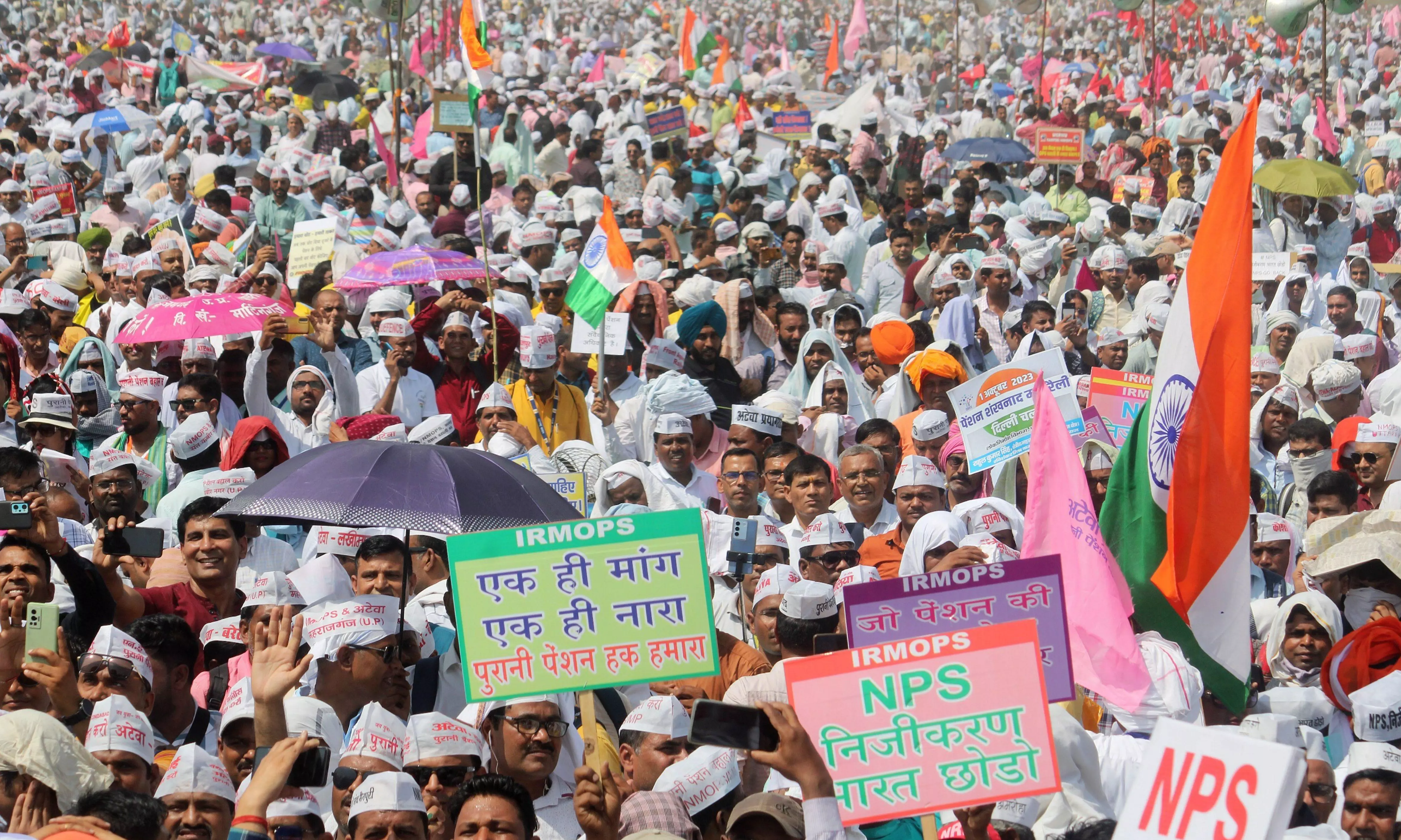 Thousands gather at Ramlila Maidan, demand restoration of Old Pension Scheme