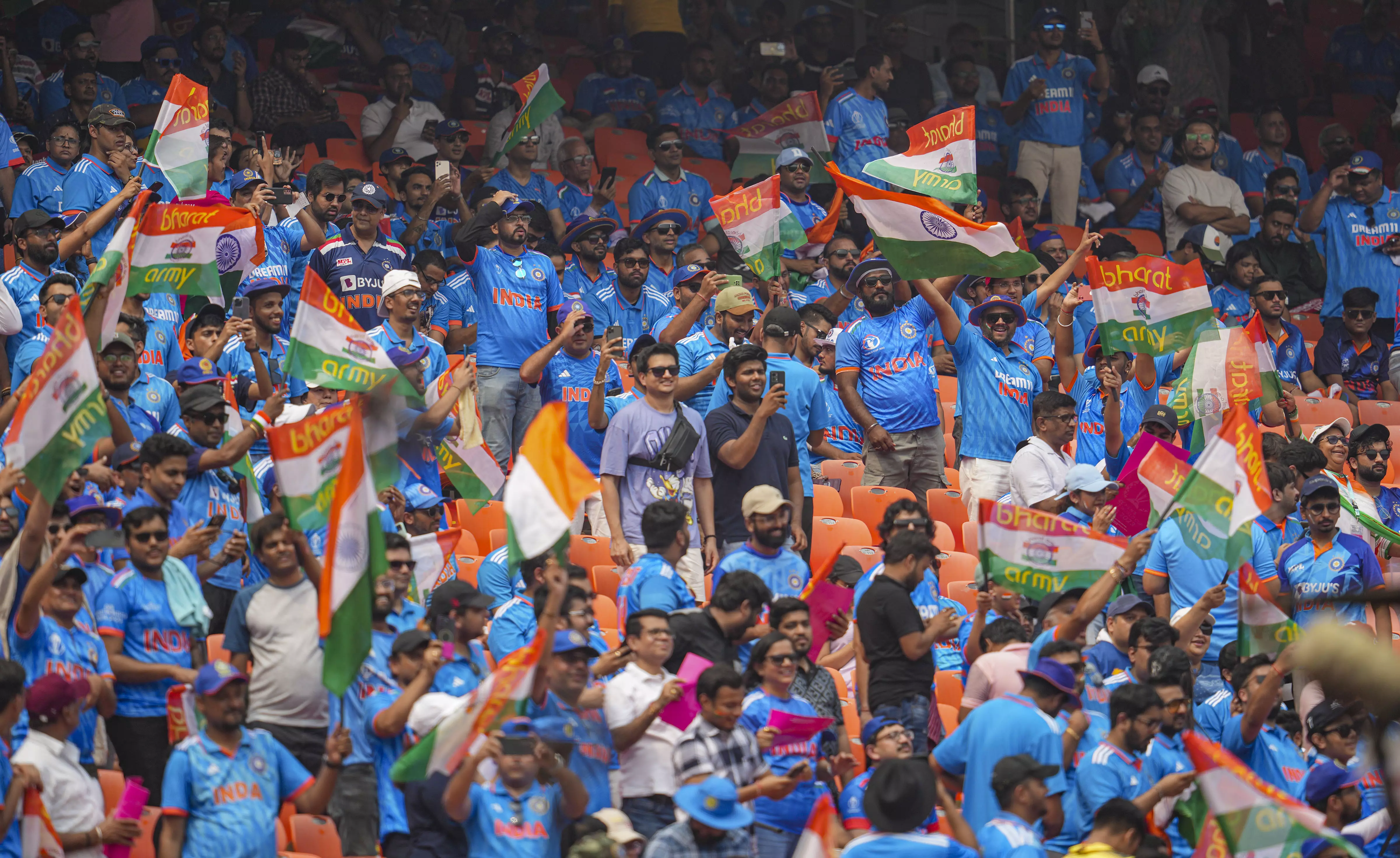 ICC World Cup 2023, India vs Pakistan: Indian fans at Narendra Modi Stadium in Ahmedabad. Photo: PTI