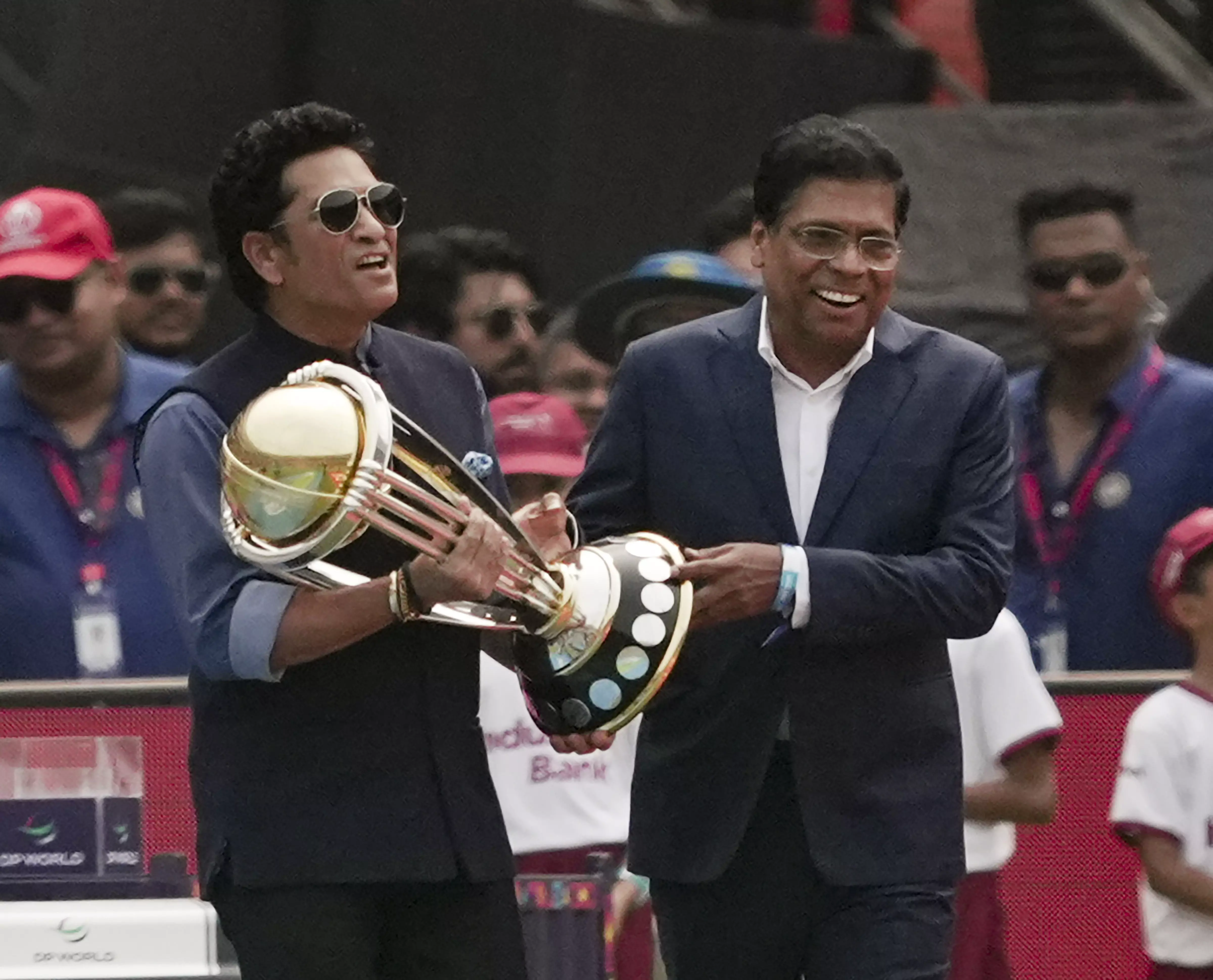 Sachin Tendulkar brings out the World Cup trophy ahead of the India vs Pakistan match at Narendra Modi Stadium in Ahmedabad on Saturday (October 14). Photo: PTI