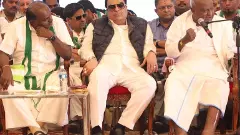 Karnataka JD(S) leaders HD Kumaraswamy, CM Ibrahim, and HD Deve Gowda