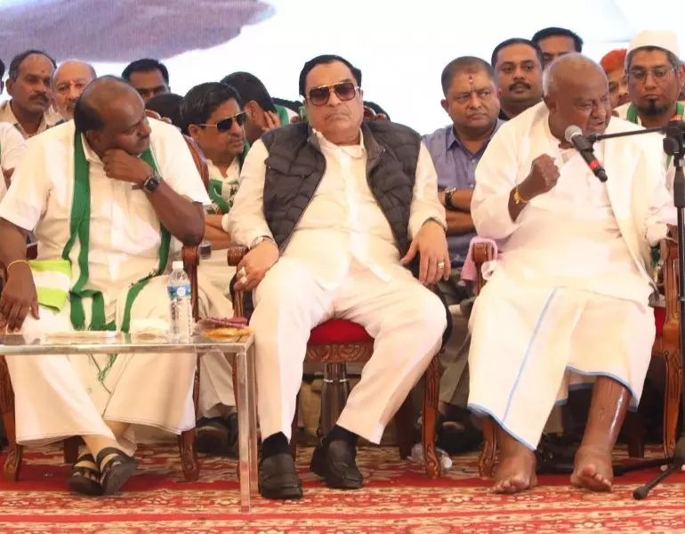 Karnataka JD(S) leaders HD Kumaraswamy, CM Ibrahim, and HD Deve Gowda
