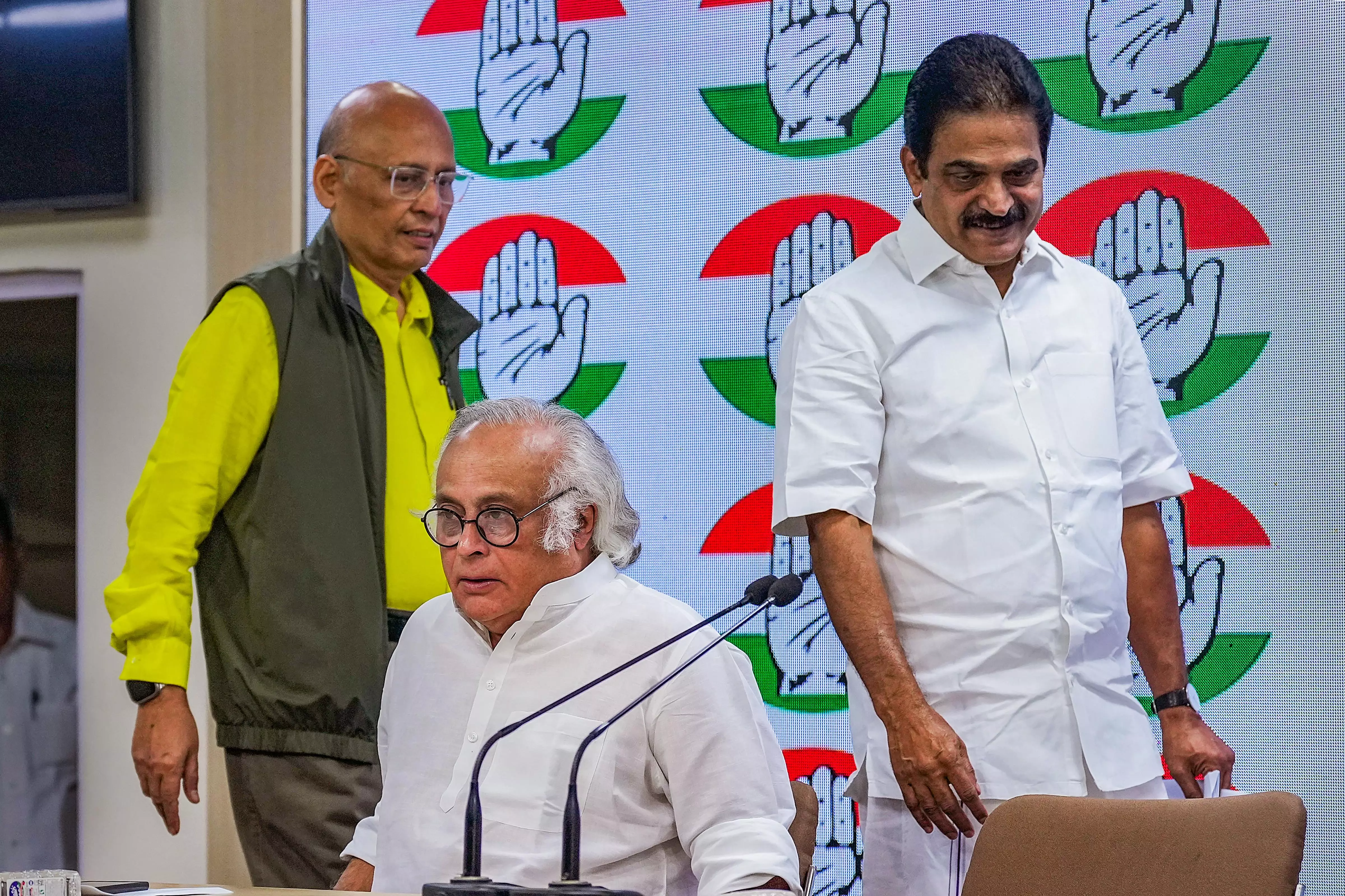 Congress leaders Jairam Ramesh, KC Venugopal, and Abhishek Manu Singhvi during a press conference on November 4 | PTI