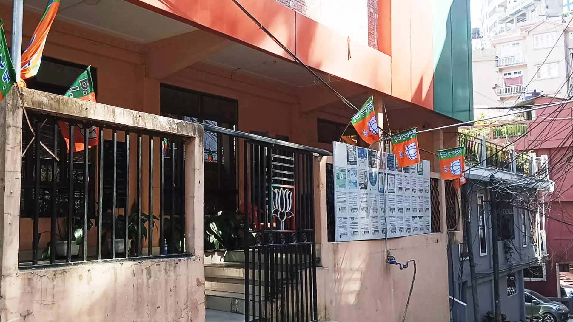 The scene at BJPs Mizoram headquarters. Only a few flags flutter on the premises but there are no posters or cut-outs. Photo: Zodin Sanga
