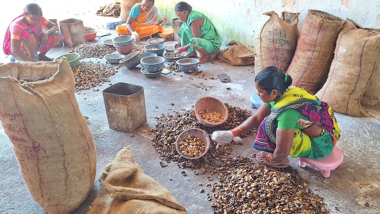 Women scoop cashews from their shells. The Bakawand operation remains largely labour intensive. Photos: Himanshu Joshi