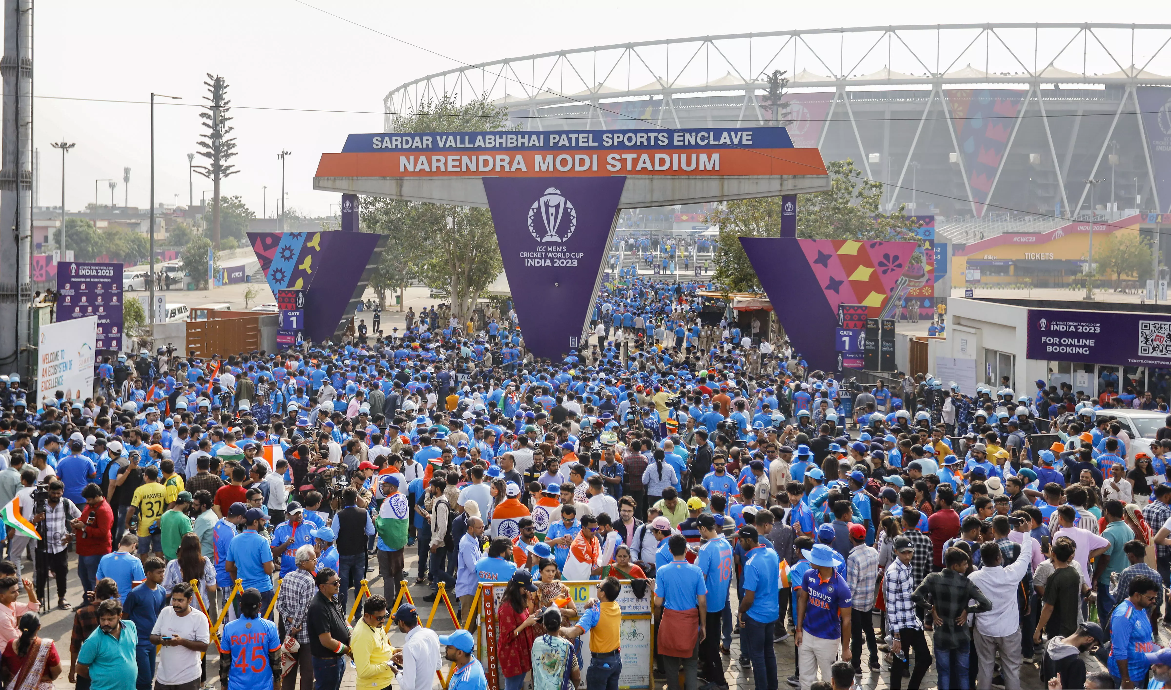 Indian fans at the entrance of the Narendra Modi Stadium. Photo: PTI