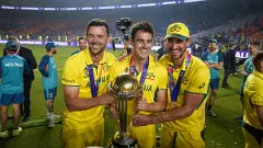 Pat Cummins (centre), Josh Hazlewood (left) and Mitchell Starc