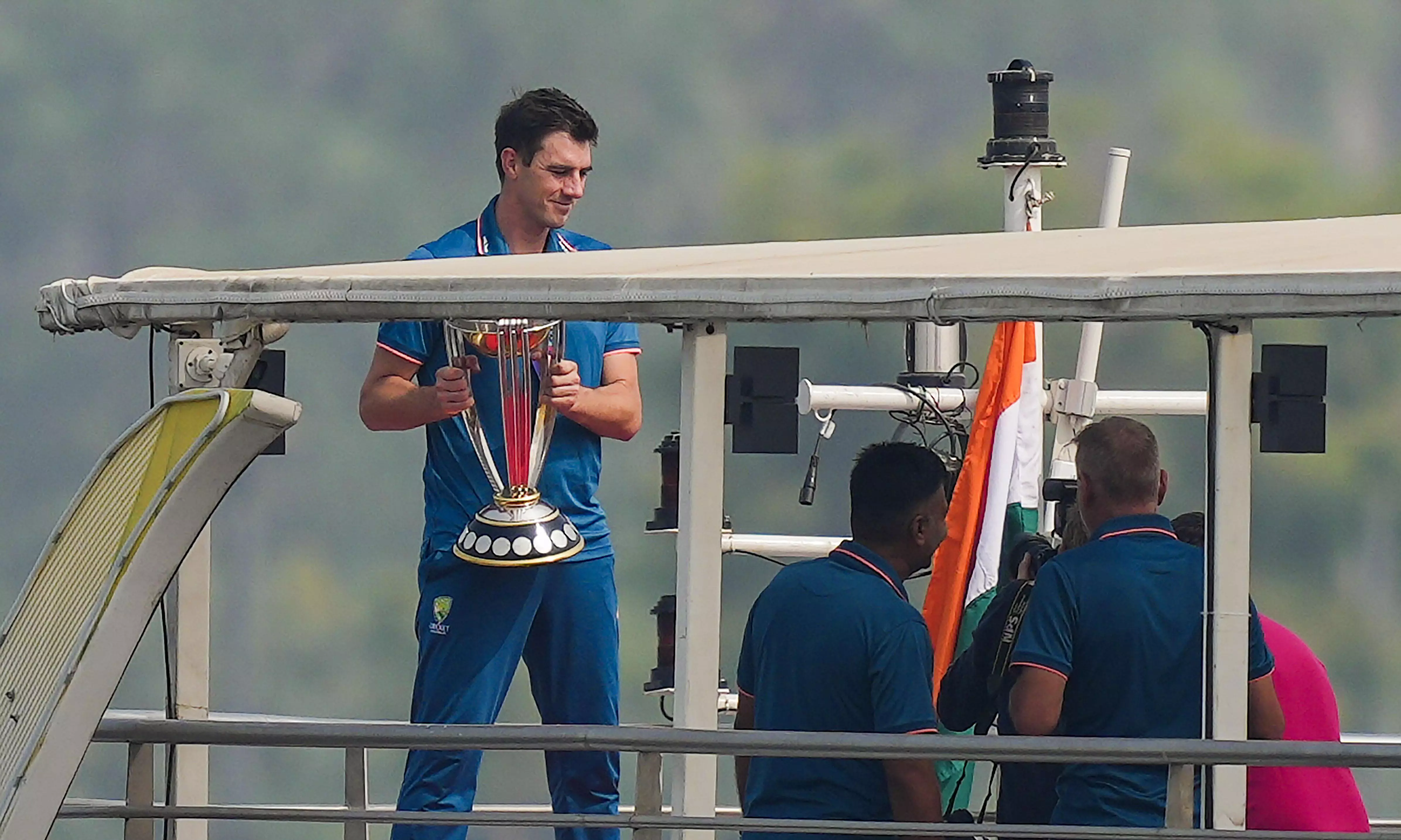 Pat Cummins poses with World Cup trophy on Sabarmati river cruise