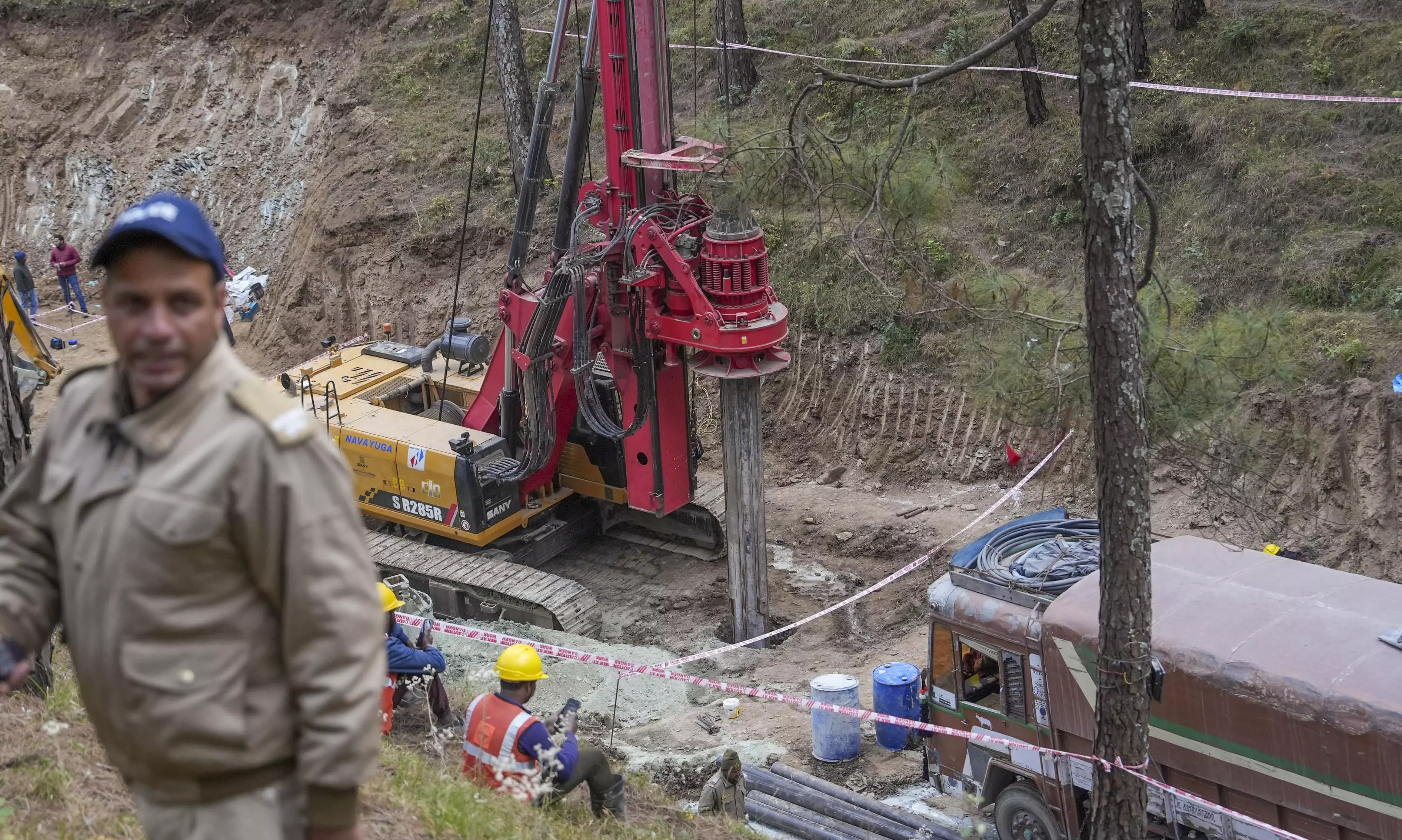 Vertical drilling underway at the Silkyara tunnel collapse site in Uttarkashi, Uttarakhand | PTI