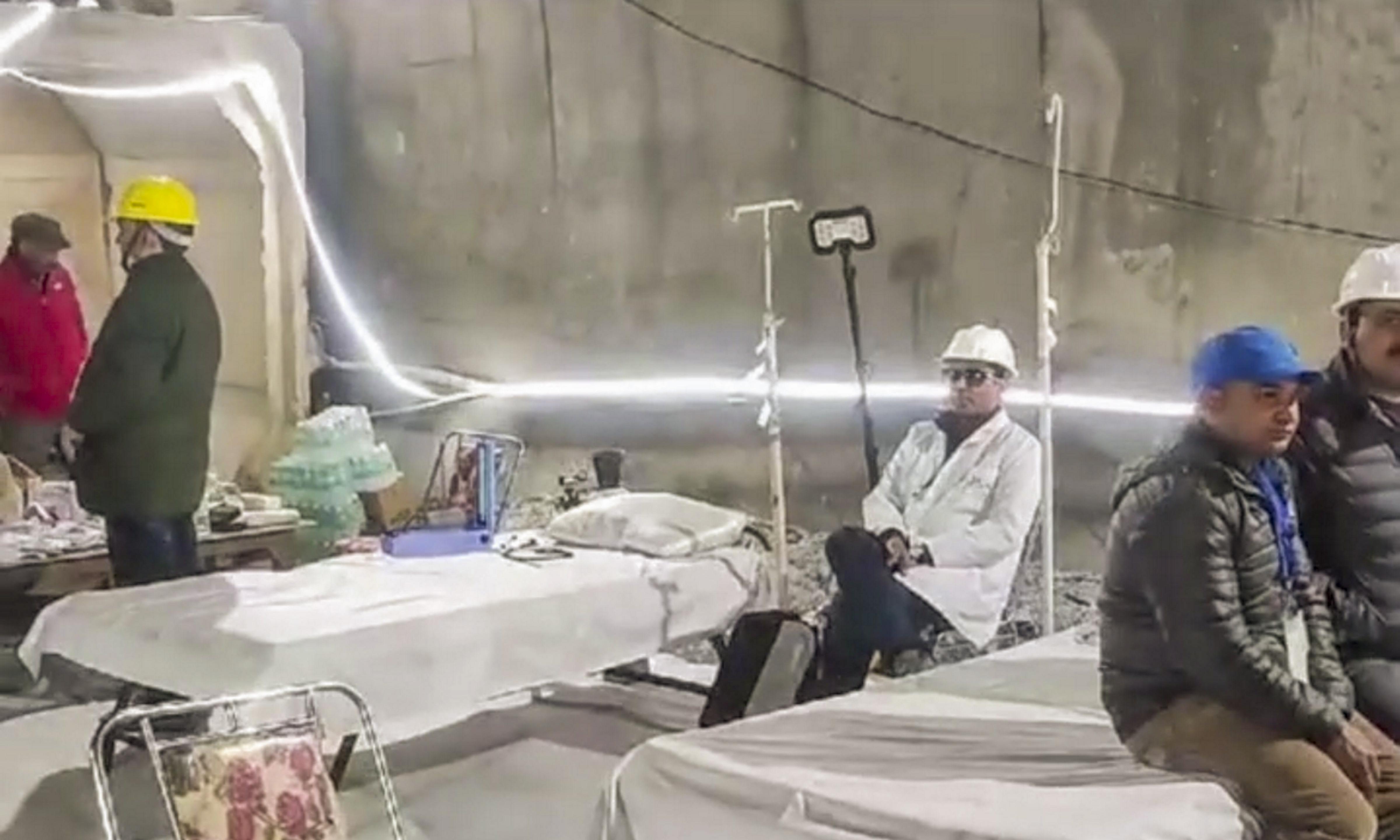 Medical staff with beds and other essentials on standby inside the Silkyara tunnel during the rescue operation of the 41 workers trapped inside the under-construction tunnel in Uttarakhand. | Photo: PTI