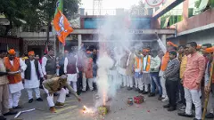 BJP supporters celebrating the partys lead in Chhattisgarh, Madhya Pradesh, and Rajasthan during counting of votes on December 3. Photo: PTI
