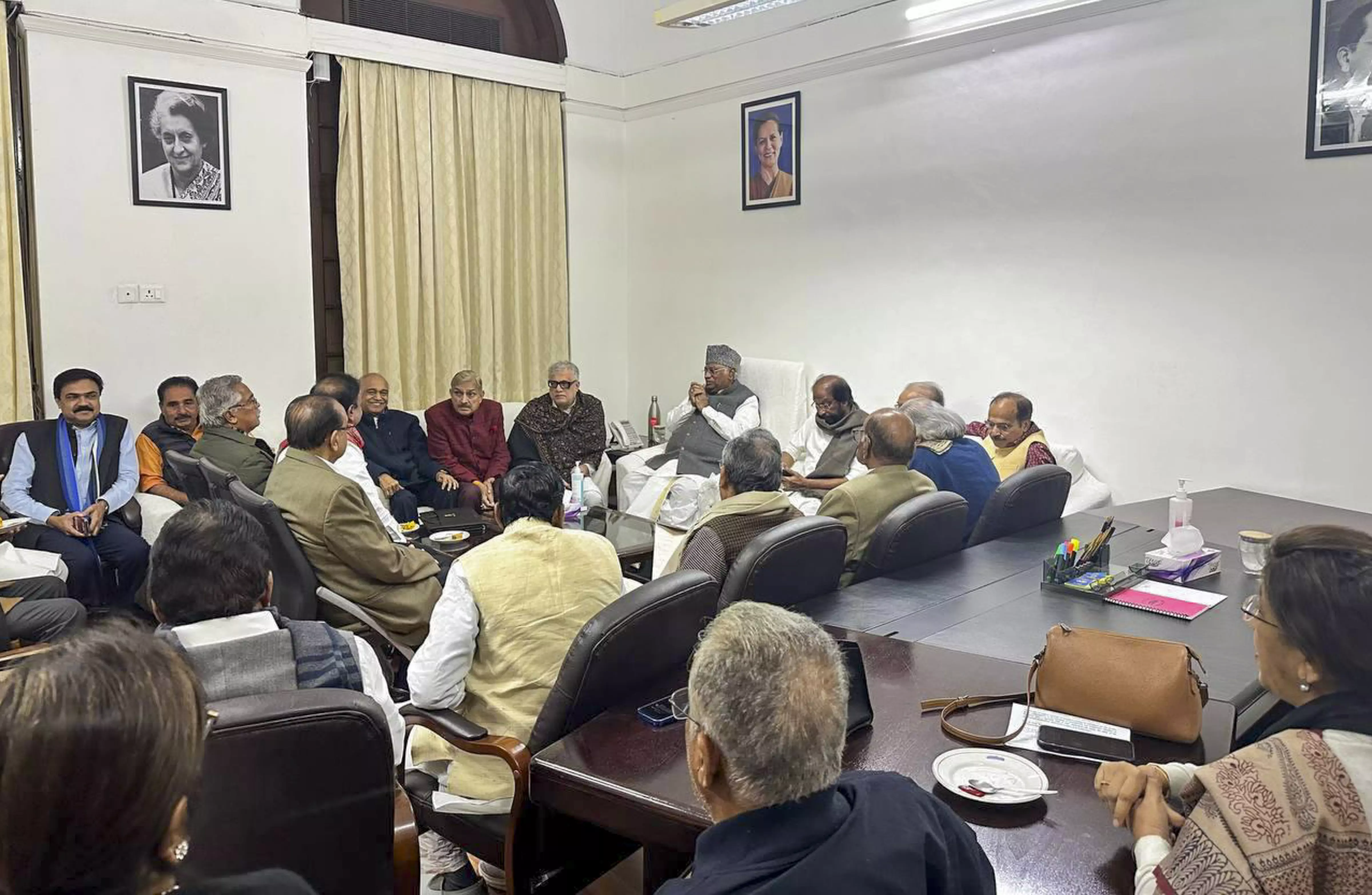 Mallikarjun Kharge and opposition leaders in discussion in his chambers
