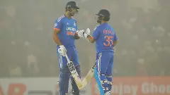 Dubey (left) ended the game in style with a straight six and four. Photo: BCCI/X