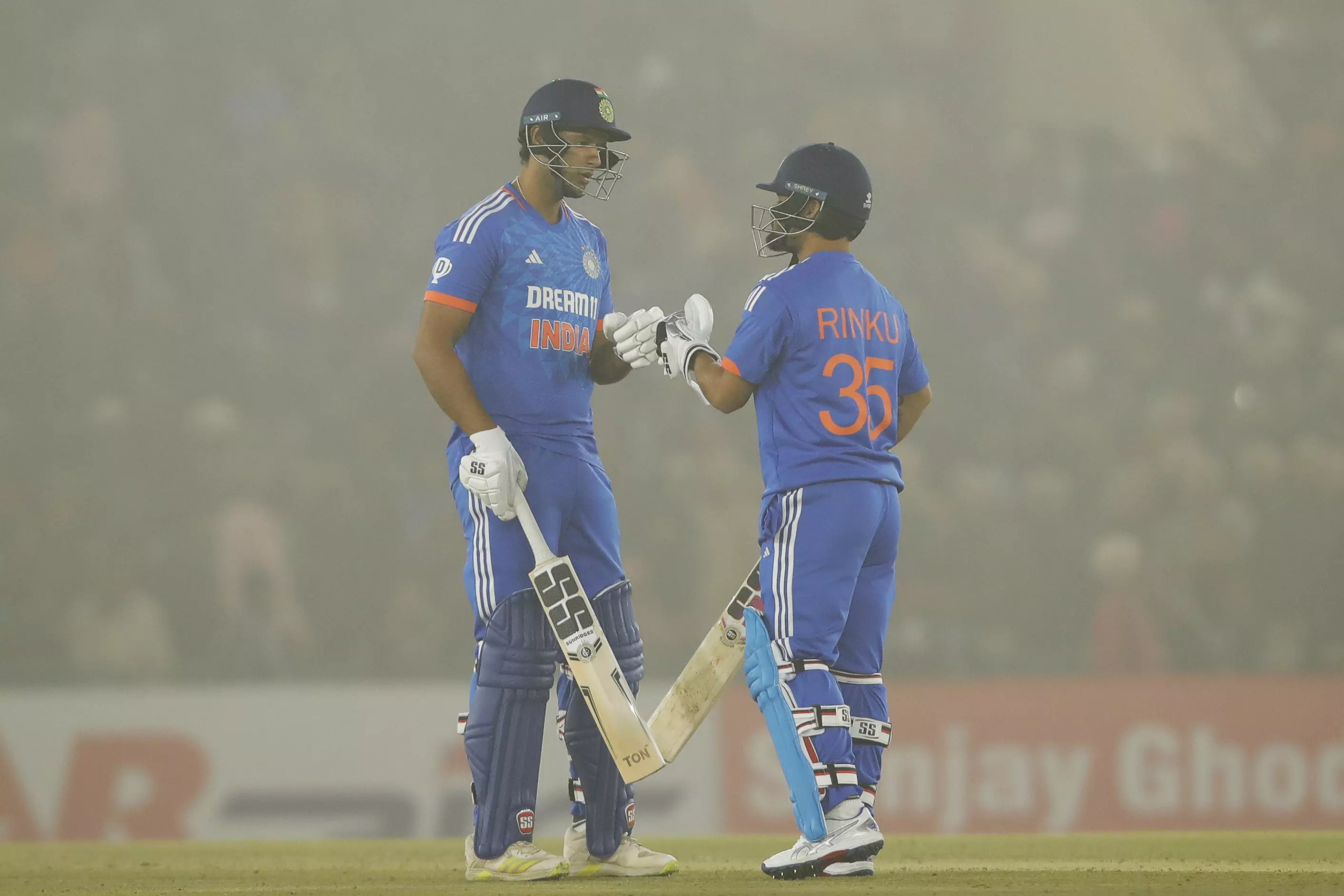 Dubey (left) ended the game in style with a straight six and four. Photo: BCCI/X