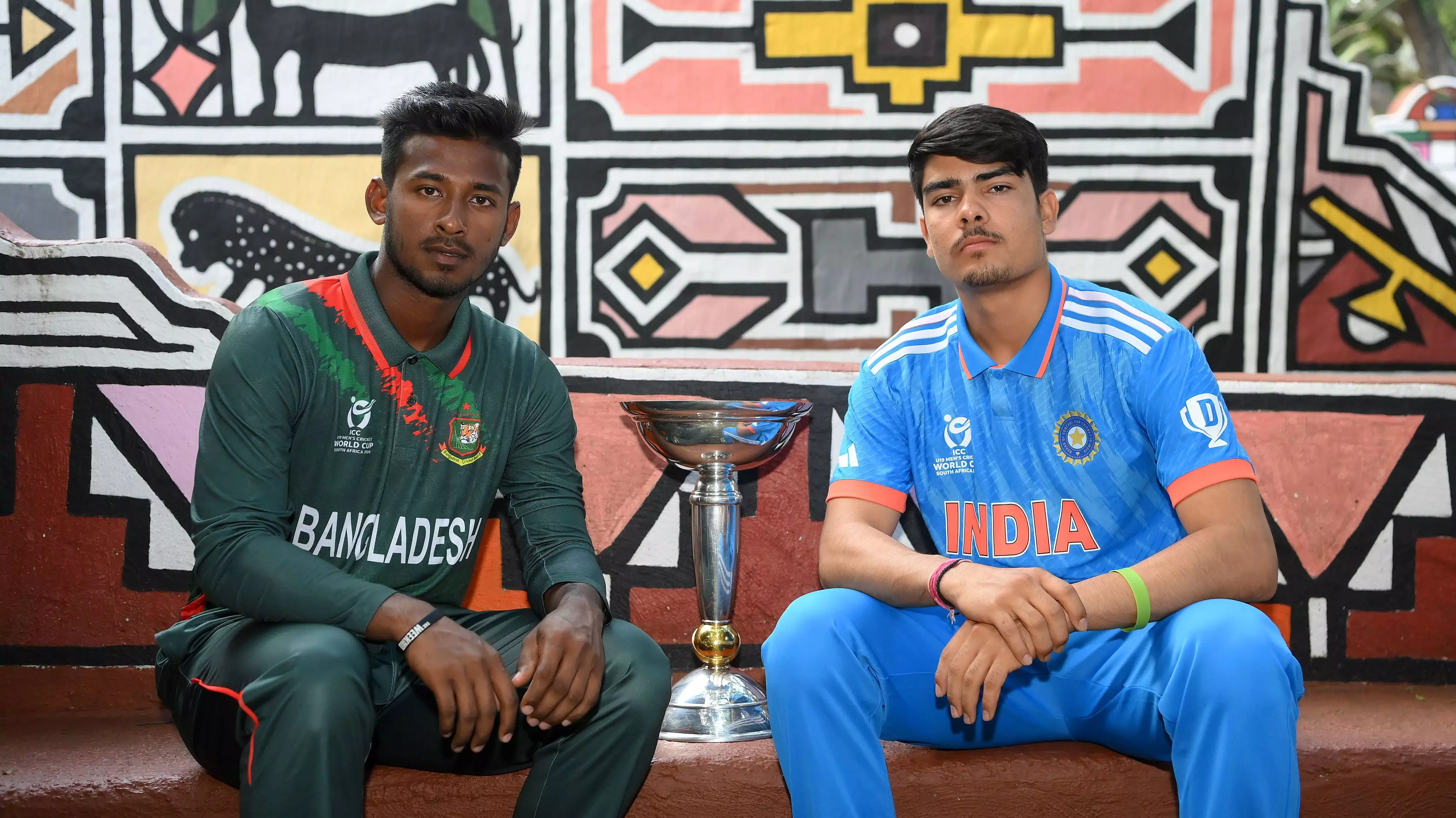 Uday Saharan (right) and Bangladesh skipper Mahfuzur Rahman Rabby, Under-19 World Cup 2024