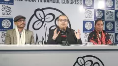 TMC spokesperson Kunal Ghosh (centre) with West Bengal minister Birbaha Hansda (right) and Dhupaguri MLA Nirmal Chandra Roy