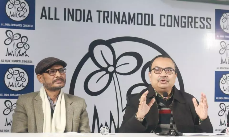 TMC spokesperson Kunal Ghosh (centre) with West Bengal minister Birbaha Hansda (right) and Dhupaguri MLA Nirmal Chandra Roy