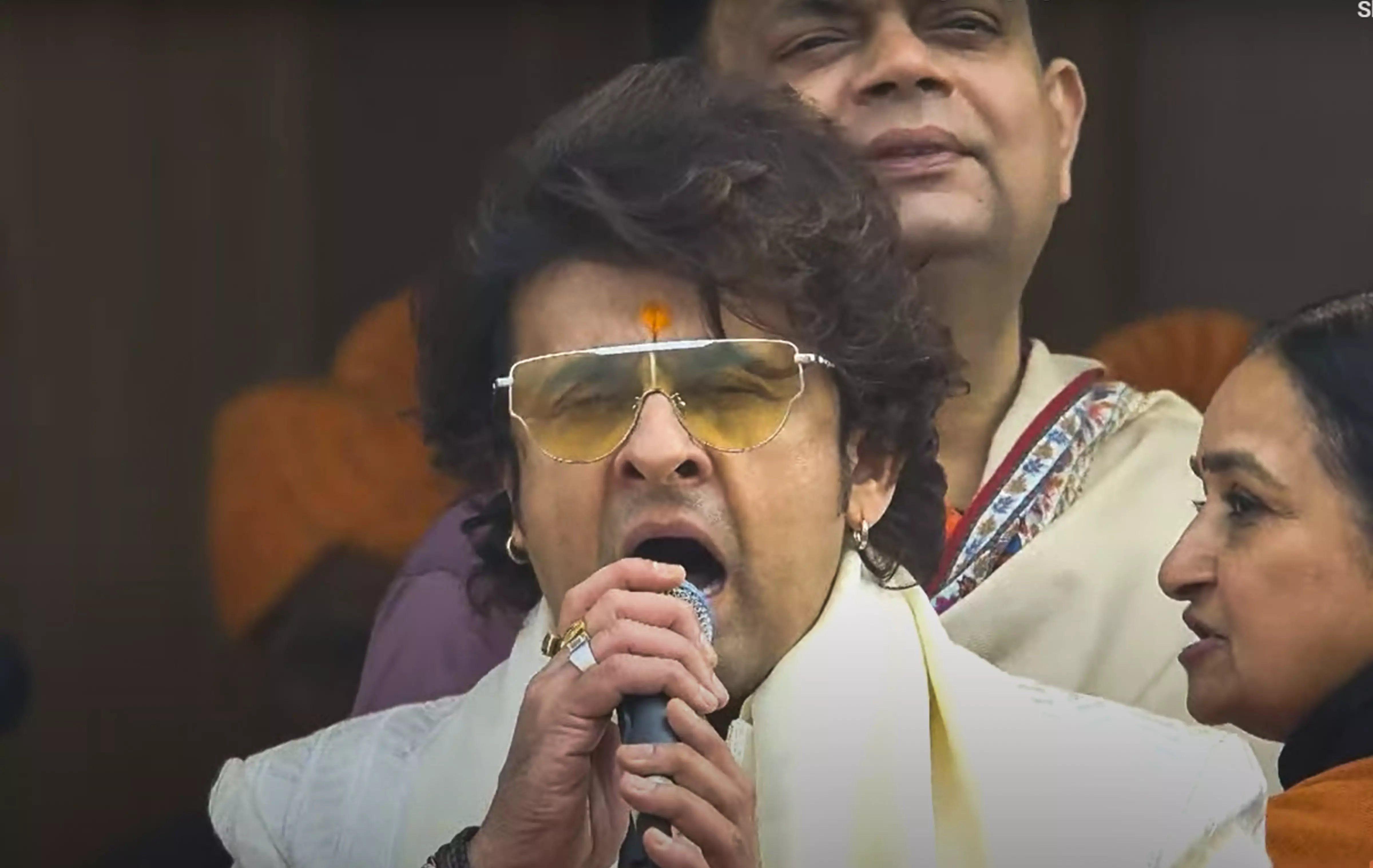 Singer Sonu Nigam sings bhajan at the Ram Temple ahead of the consecration ceremony, in Ayodhya, on Monday, January 22. PTI