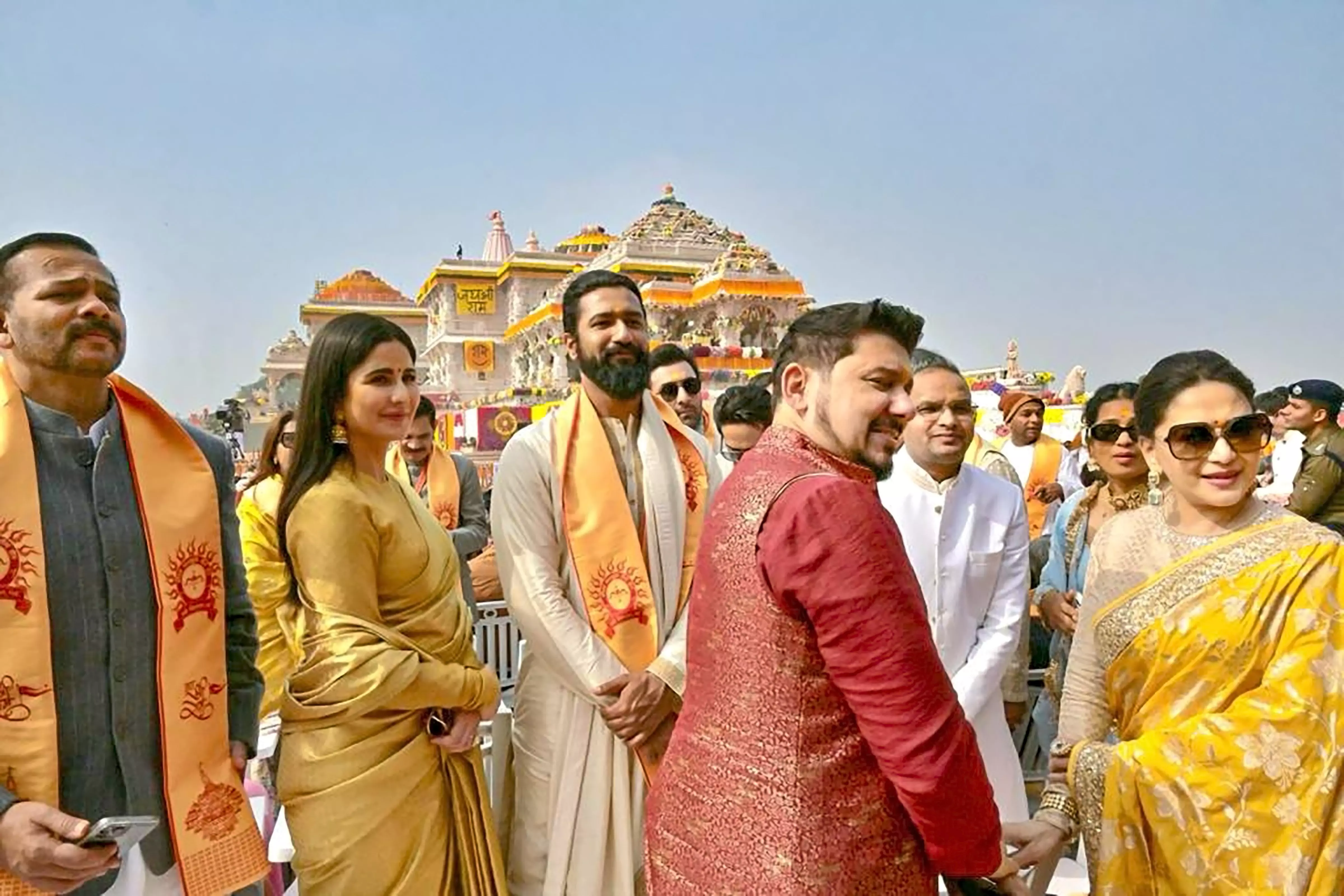 Bollywood director Rohit Shetty with actors Vicky Kaushal, Katrina Kaif and Madhuri Dixit Nene and other dignitaries at the Ram temple during the Pran Pratishtha ceremony, in Ayodhya, on Monday, January 22. PTI