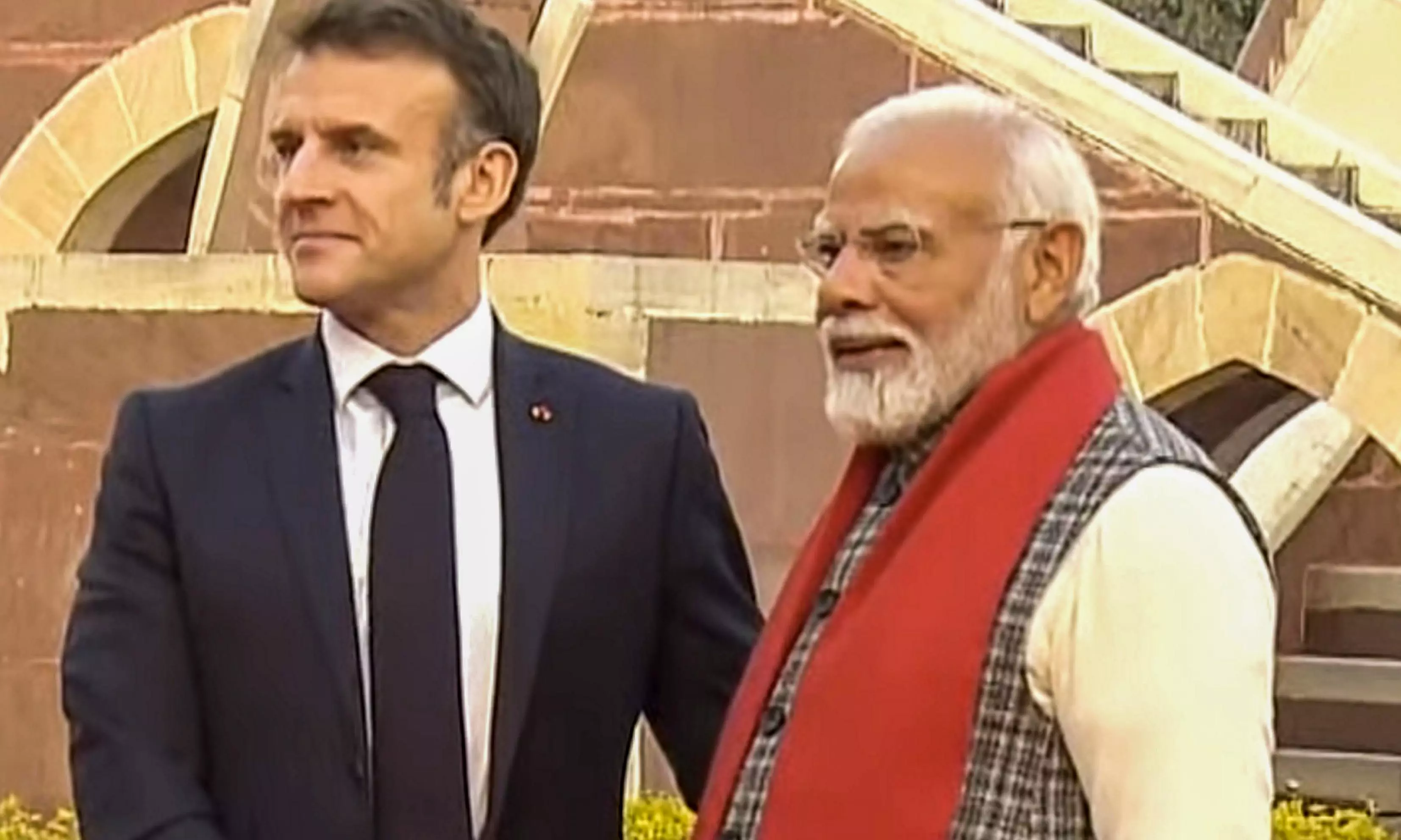 PM Modi, French President Macron meet at Jantar Mantar in Jaipur