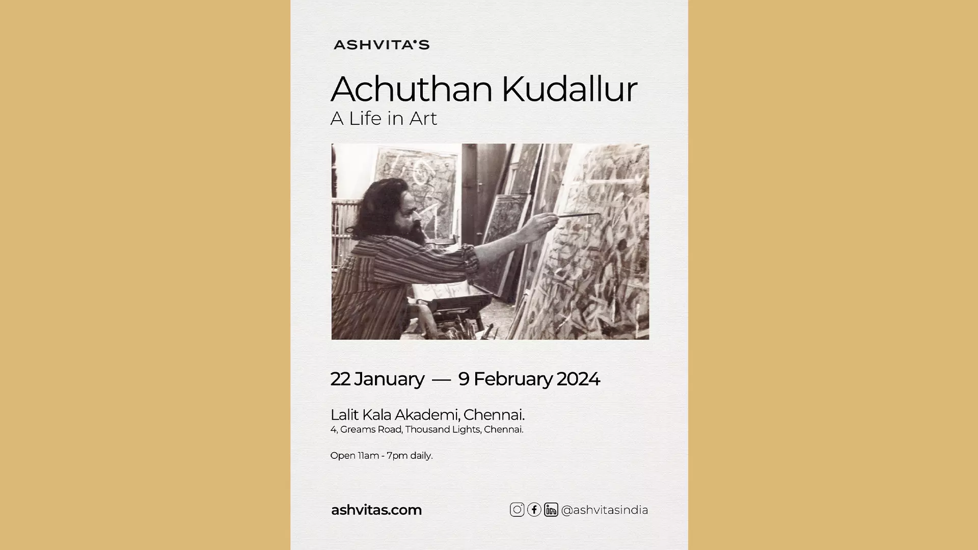 A poster of Achuthan Kudallur - A Life in Art.