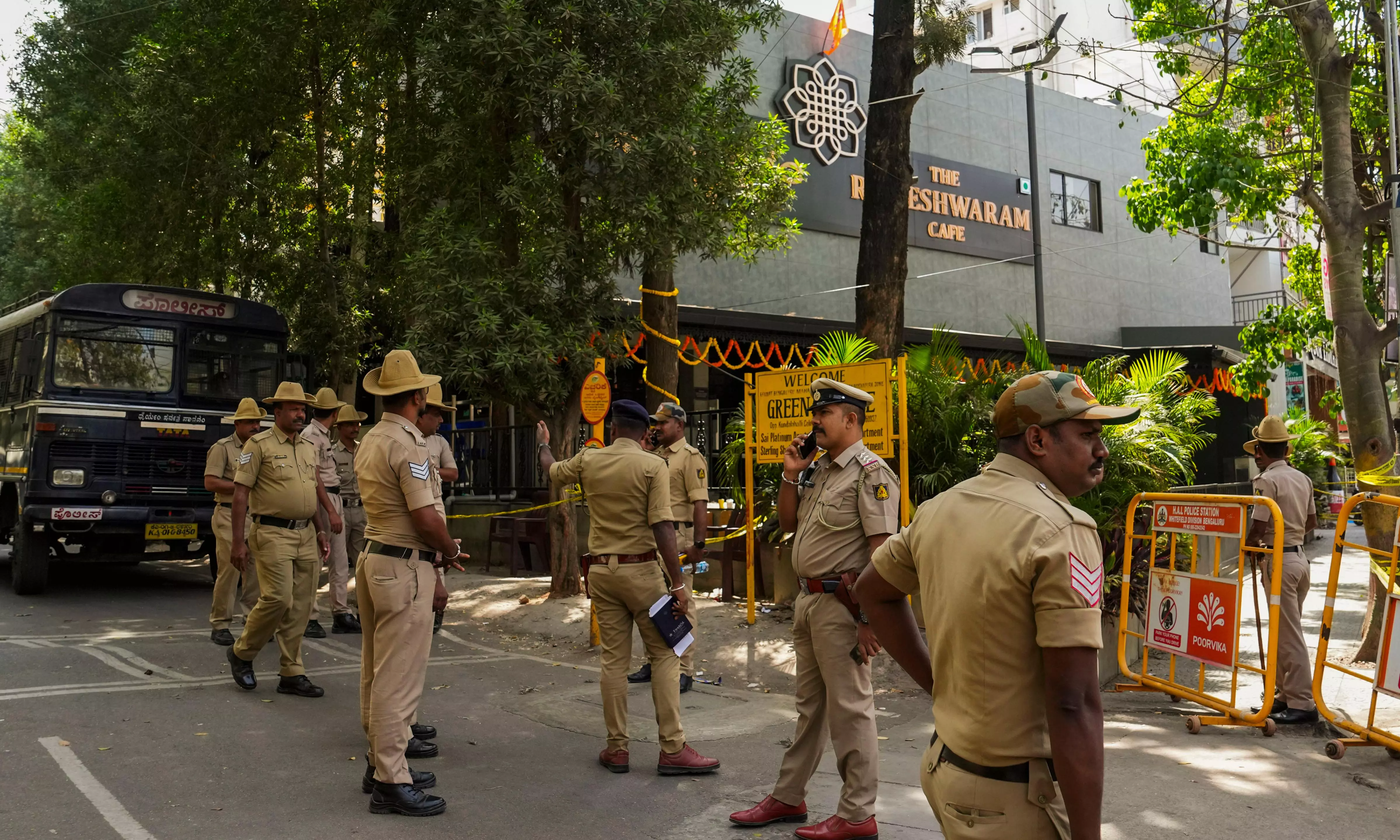 Bengaluru: Security personnel stand guard at the Rameshwaram cafe blast site, in Bengaluru, Saturday, March 2, 2024.