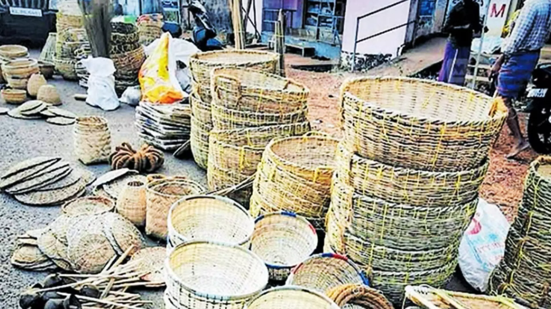 Baskets and other bamboo articles being sold in market.