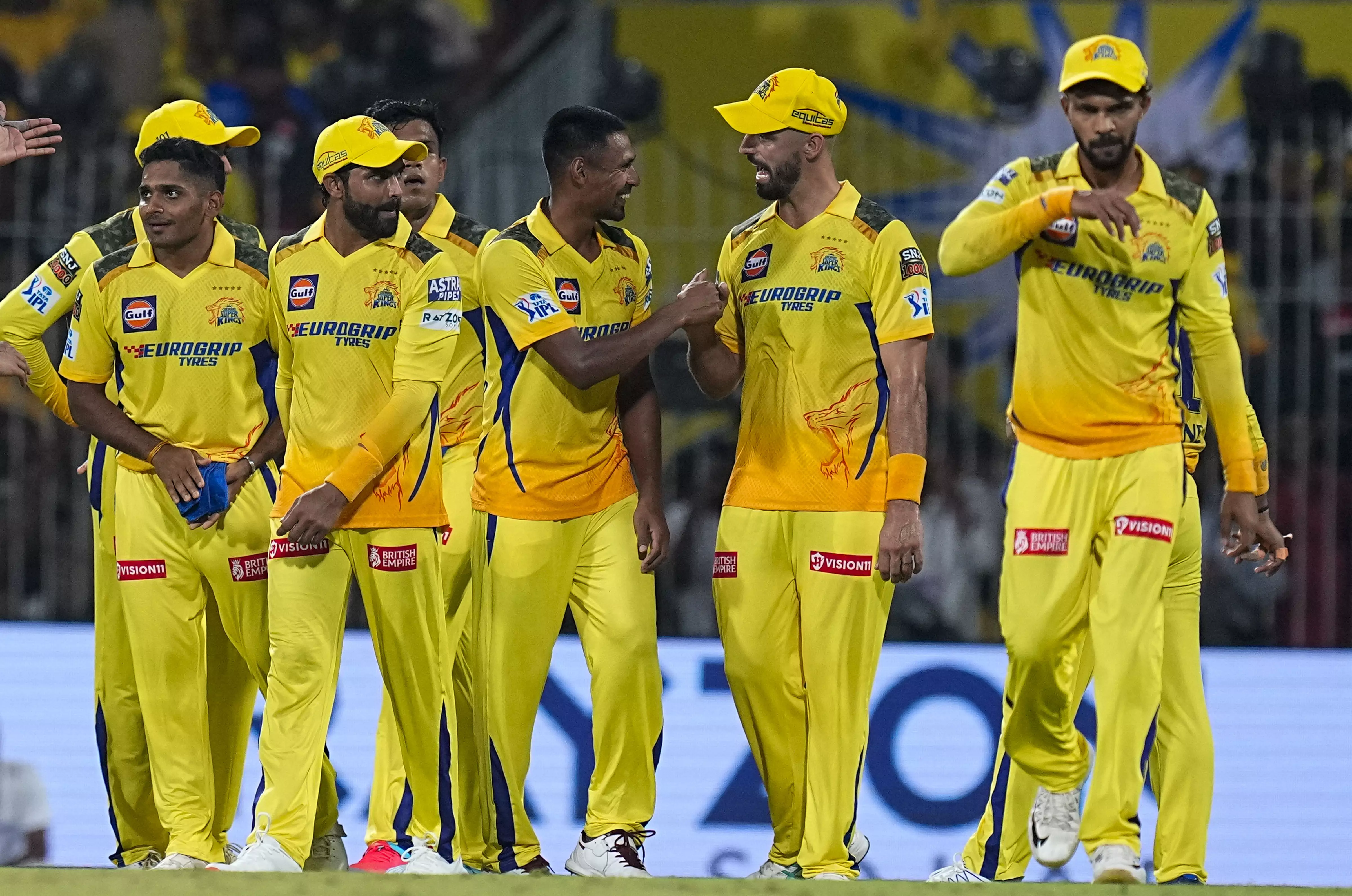 Mustafizur Rahman celebrates with teammates the wicket of Virat Kohli during the match between Chennai Super Kings and Royal Challengers Bengaluru at MA Chidambaram Stadium in Chennai,. Photo: PTI