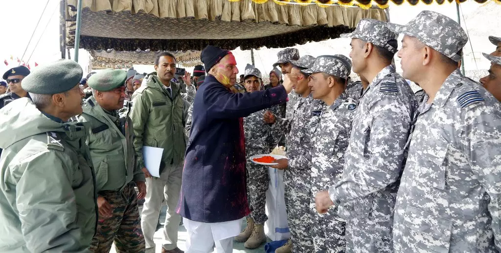 Defence Minister Rajnath Singh celebrates Holi with Army jawans in Leh