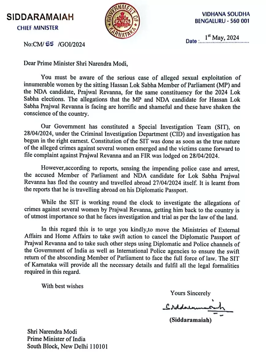 Karnataka Chief Minister Siddaramiahs letter to PM Narendra Modi