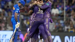 KKR players celebrate the wicket of Mumbai Indians skipper Hardik Pandya. Photo: PTI