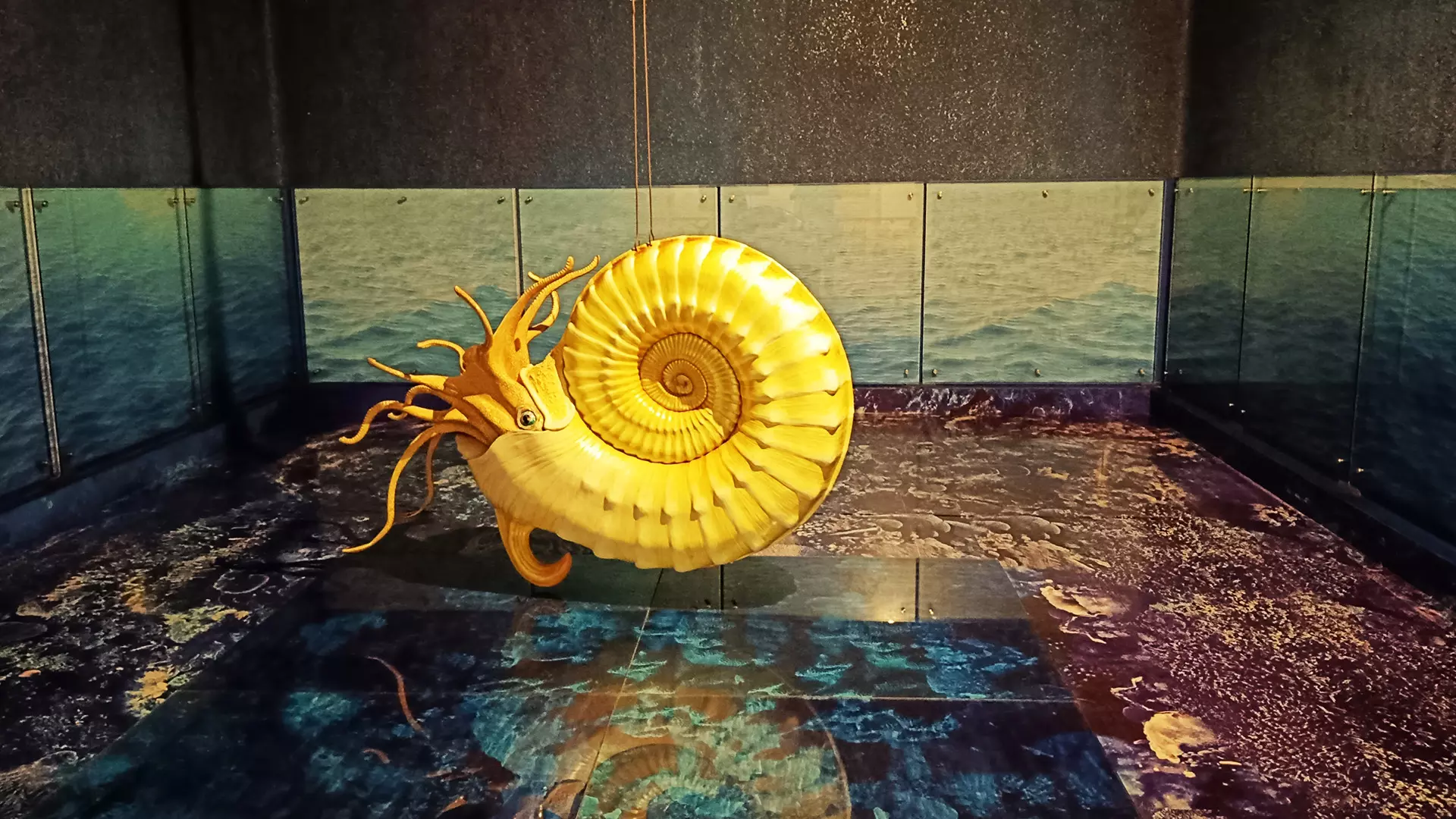 A reconstructed hanging sculpture of an ammonite found in the Karai Badlands.