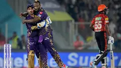 Kolkata Knight Riders Andre Russell celebrates the wicket of Sunrisers Hyderabads Pat Cummins in the match against Sunrisers Hyderabad at the Narendra Modi Stadium in Ahmedabad on Tuesday. PTI Phto