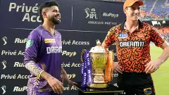 Captains Shreyas Iyer (KKR) and Pat Cummins (SRH) pose with the IPL 2024 trophy