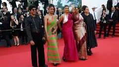 Hridhu Haroon, from left, Kani Kusruti, Divya Prabha, Chhaya Kadam, and Payal Kapadia pose for photographers upon arrival at the awards ceremony during the 77th international film festival, Cannes, southern France, Saturday, May 25, 2024. (AP/PTI)(AP05_25_2024_000600B)