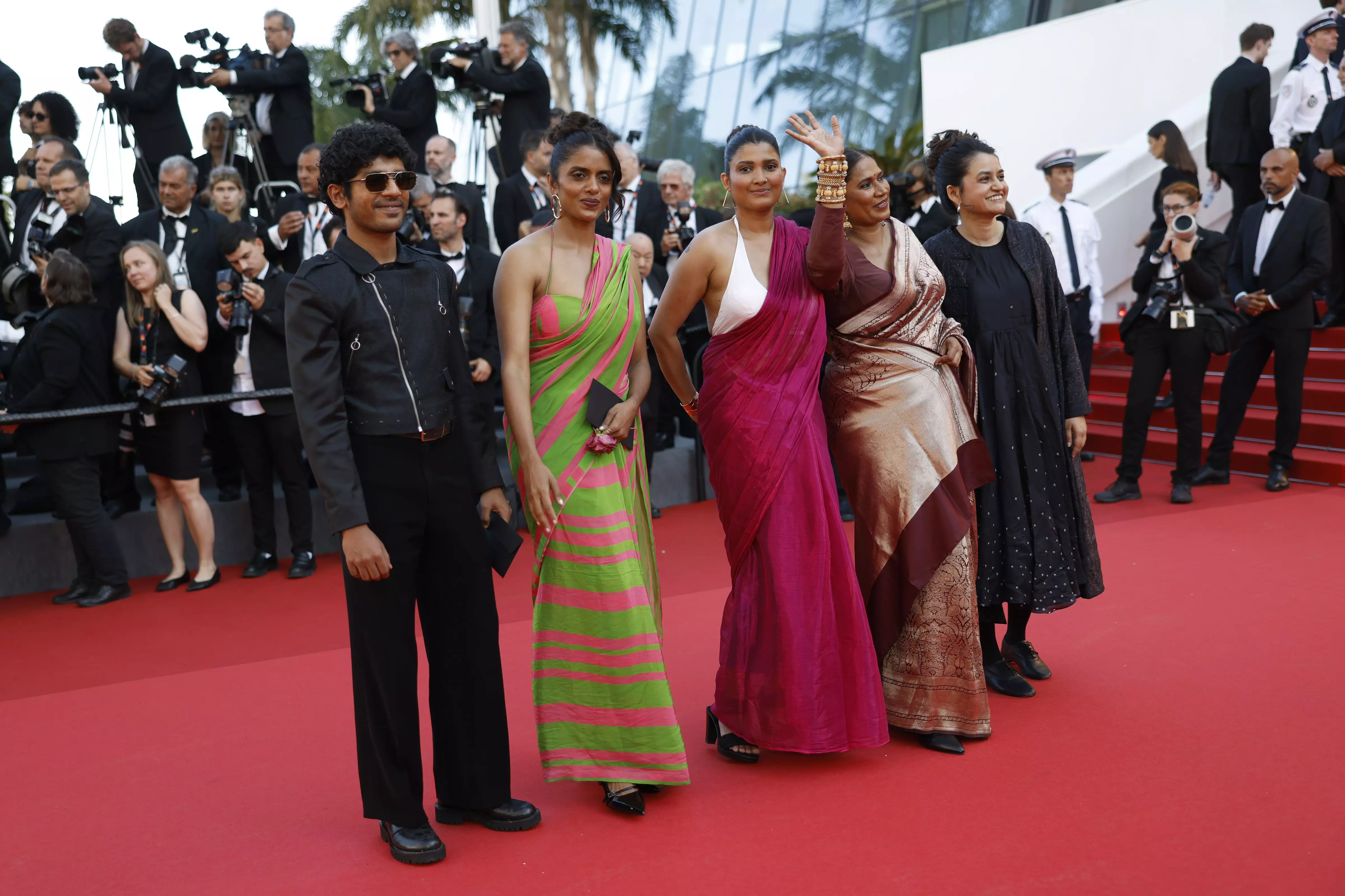 Hridhu Haroon, from left, Kani Kusruti, Divya Prabha, Chhaya Kadam, and Payal Kapadia pose for photographers upon arrival at the awards ceremony during the 77th international film festival, Cannes, southern France, Saturday, May 25, 2024. (AP/PTI)(AP05_25_2024_000600B)